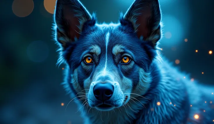 a portrait of a Dog, in the style of dark azure and white, eyes, japanese photography, sci-fi spectacle, eye-catching, cyclorama, symbolic images, light projection 