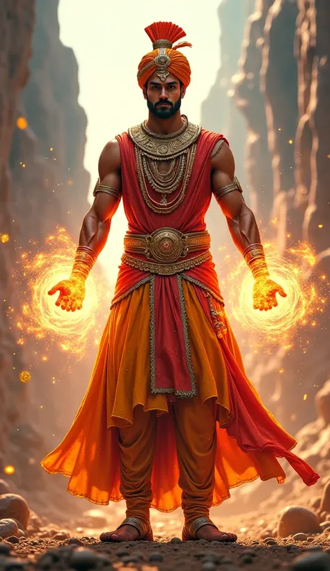 A powerful handsome superhero wearing traditional Indian attire combined, wielding energy chakras.