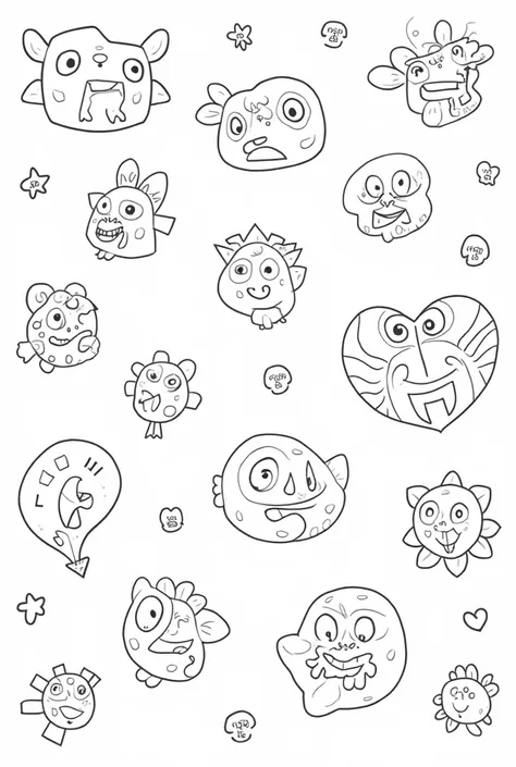 Give me bold outlined doodles on white background for a colouring book
