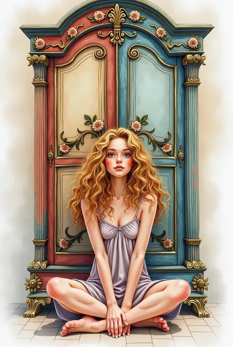 1. Cartoon of a curly   with golden hair sitting in front of a wardrobe.
2.  Illustration of a wardrobe with colorful details . In watercolor technique