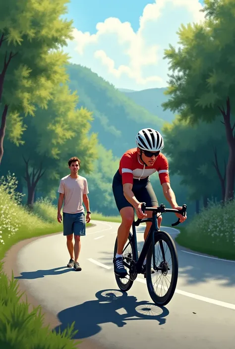 _Image of a cyclist straining on an incline with someone walking quietly next door