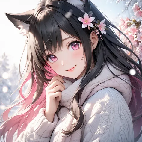 cute beautiful woman  , smile,  black hair、  pink eyes、shy, Light Makeup、 Gentle background color ,   soft, Fluffy, calming effect,   shading effect  ,   gradient magic effect, (  super detailed  , The perfect solution,  top quality :1.3), 2.5D,   delicate...