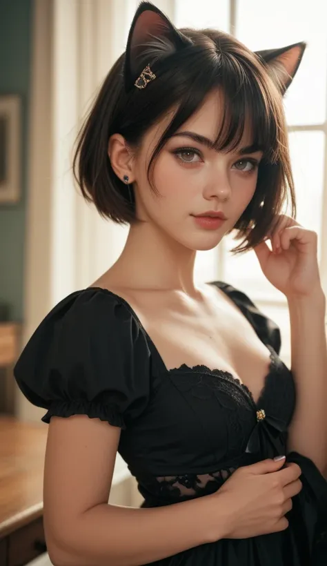 A cutie pretty girl wearing a black dress, short hair, cats Ear, and she looking at me 