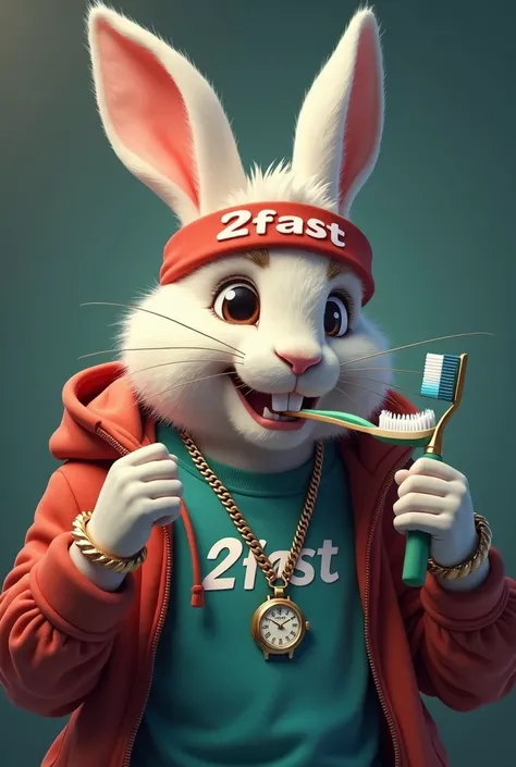 Generate a picture where a rabbit is brushing his teeth and is wearing a head band with the name 2fast on it. And also make the rabbit wear luxury clothes with the name 2fast on the t shirt and also make sure he is wearing a luxury watch 