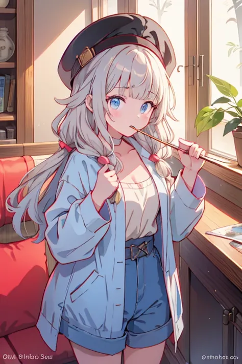 frome below:1.1,a 16yo girl smoking while wearing a bathrobe among other decorative items, 1girl,small breasts, long hair, cleavage, silver hair,open mouse, looking at viewer, hat, bird, chopsticks, long shorts, shirt, solo, food, pink blue eyes, beautiful...