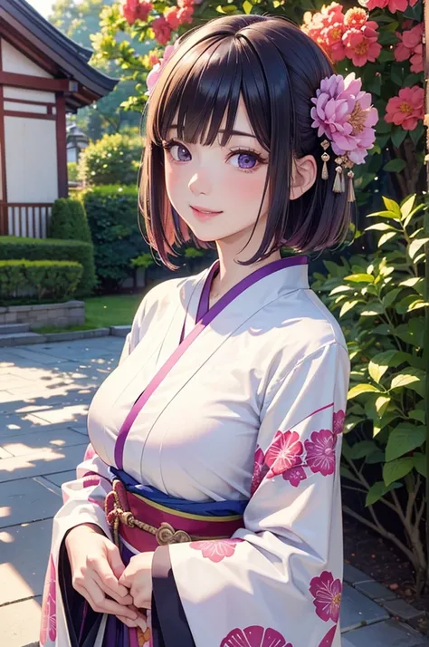 ( Best Quality , high res,8k,inelity detailed background, masterpieces at the front door of the house:1.2), beautiful girl,Big Breasts, glossy purple hair,short hair,bob cut,Beautiful purple eyes,  kimono, Furisode, haori, Gentle look,A refreshing look, to...