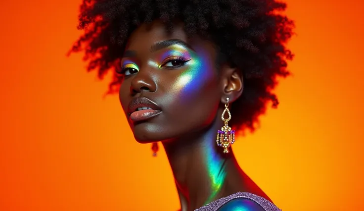 A close-up portrait of an iridescent Tree, posing for the cover photo of fashion magazine against an orange background. The high fashion photography features bold makeup and hairstyle with studio lighting, in the style of glamorous magazine covers. 