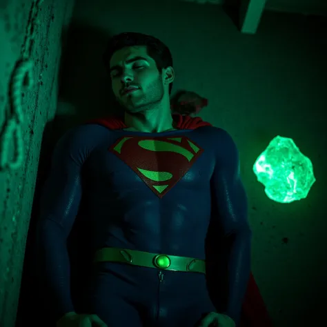 Cody Christian muscular, dressed in a blue Superman costume, lying on the floor in a dimly lit room. The lighting is predominantly green, casting an eerie glow over the scene. The man has a muscular build. His facial expression is one of exhaustion and pai...