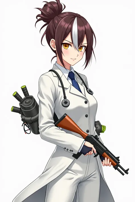 Anime art of A cool 6 foot tall androgynous mature woman with a white and brown hair in a messy bun and using a surgical scissors to hold hair up, yellow eyes and with a smug face, wearing a doctor inspired uniform with a mixture of a straight jacket in al...