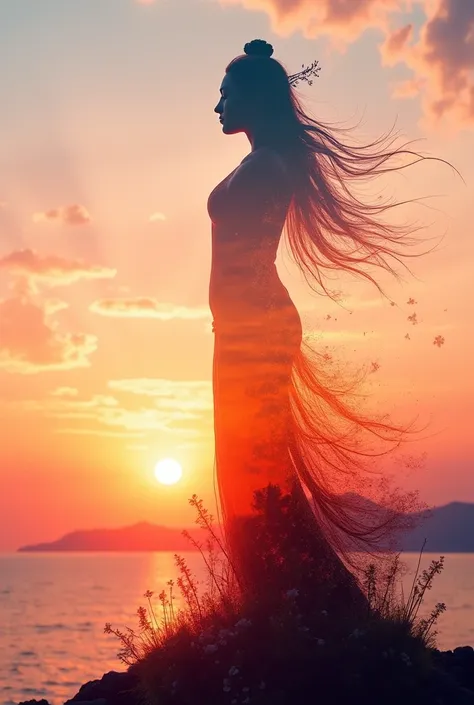 high quality, 8K Ultra HD, A beautiful double exposure that combines an goddess silhouette with sunset coast, sunset coast should serve as the underlying backdrop, with its details incorporated into the goddess , crisp lines, The background is monochrome, ...