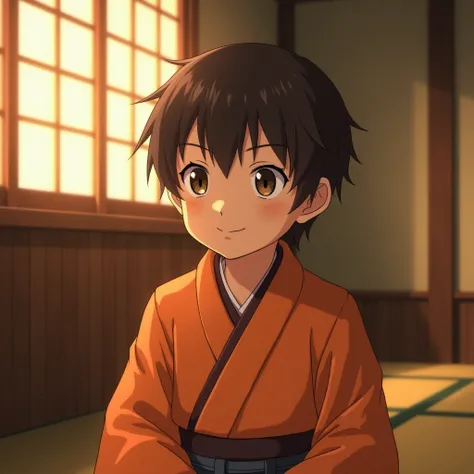 " A small boy with dark brown hair , short and slightly disheveled,  wears an orange yukata with dark brown edges on the neck and sleeves .  You are sitting in a traditional Japanese room with wooden walls and paper windows,  illuminated by warm rays of su...