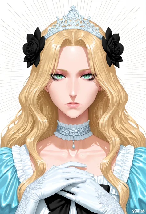 fellatrix, 1girl, blonde hair, solo, long hair, flower, dress, tiara, white dress, gloves, long sleeves, choker, green eyes, mascara, makeup, white gloves, black bow, black flower, wavy hair, bow, jewelry, looking at viewer, white background, collarbone, p...