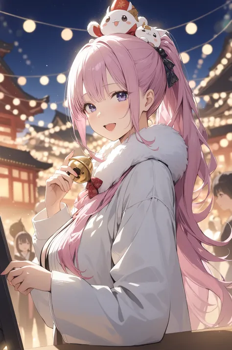 Anime-style, Re:Zero, Emilia-style women, semi-long hair, a temple lit up at night in the background, beautiful women ringing the bells on New Years Eve, all wearing cute winter outfits. Small magatama beads in the eyes, sparkling, beautiful eyes, 4K, high...