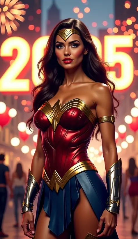 Create a stunning and highly detailed image of a beautiful, confident woman dressed as Wonder Woman, standing in a festive New Years Eve setting. She wears her iconic red and gold armor, with a bold red corset and shining gold accents, paired with her dark...