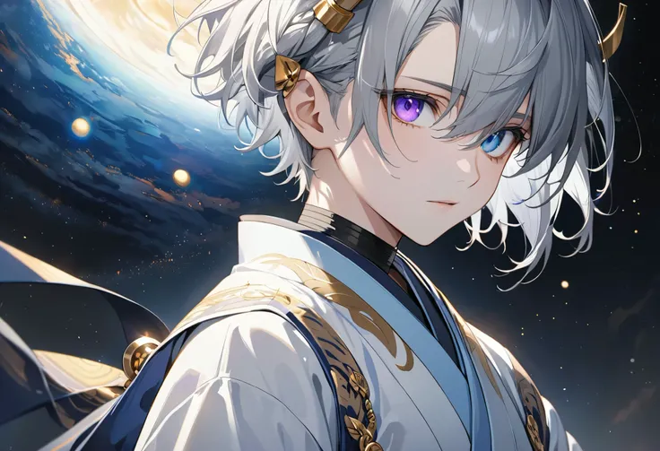 fresh illustration ,
Superfine painting,
very delicate illustration ,
Very fine details ,
Picture of only one boy ,
Height: 158cm,
white skin,
The right eye is purple and the left eye is blue iris heterochromia ,
beautiful eyes,
large black pupils ,
...