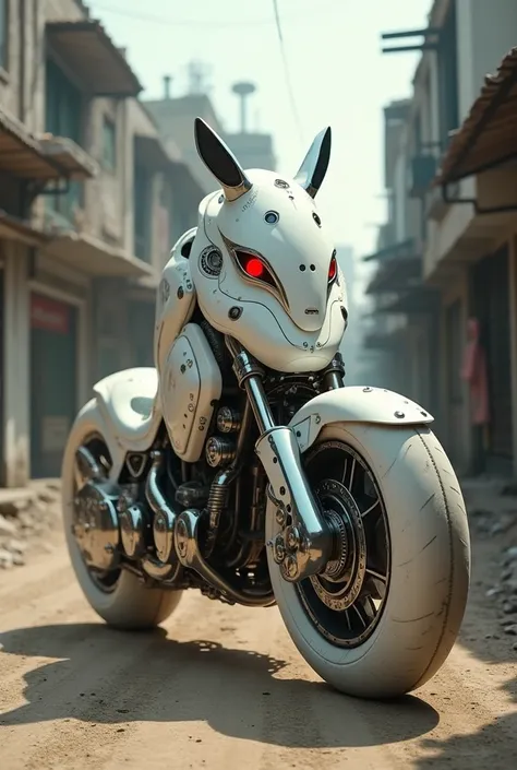 Robotic white horse ,  motorbike shaped like a horse, two wheels , Ojos rojos, Iron, low-income neighborhood,  dirt road 