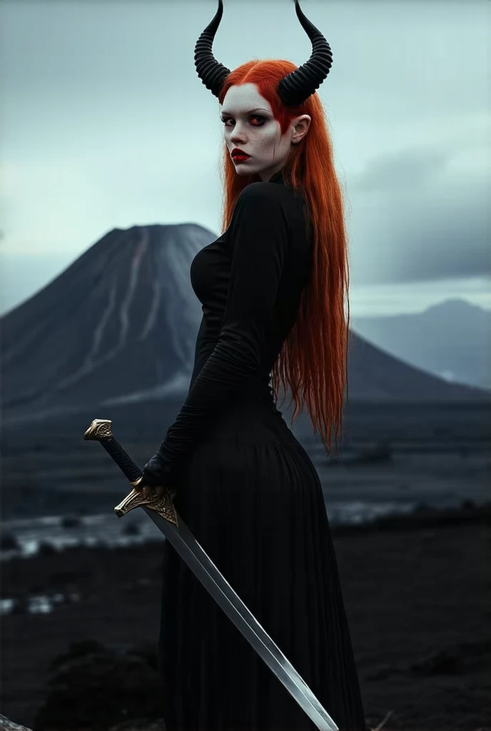 beautiful demon woman,  dressed in black.  Red hair and little black demon horns . Red lips. She has a sword and in the background you can see a volcano .  The sky is dark and the demon woman is on a rock