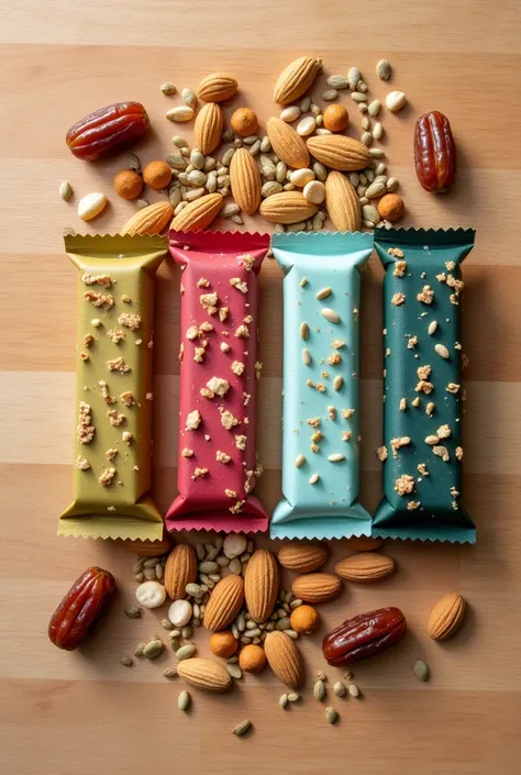 (keep the same size as pictures generated earlier) 4 different colors of granola bar closed in packaging of light olive-green color, raspberry red color, light turquoise blue color and dark mustard color arranged individually on light brown wooden backgrou...