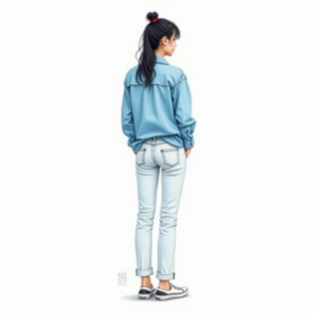 Watercolor realistic style depiction of a full-length back view of a young Taiwanese woman with her hair tied up, wearing a sky blue button-down shirt and white jeans. She stands with her back to the camera in a relaxed pose, with her hands in her pockets,...