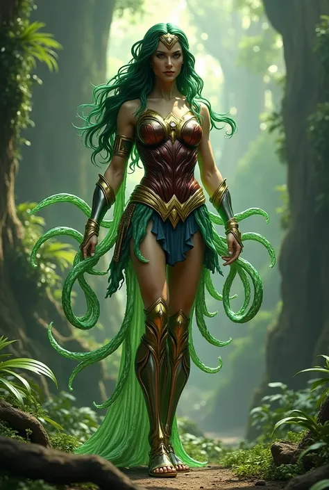 draw a majestic hybrid combination of Wildvine(omnitrix alien ) and wonder woman