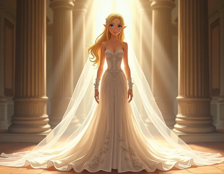 1girl, solo, Princess Zelda, blonde hair, long hair, elf ears, medium size breasts, cleavage, beautiful face, strapless white wedding dress, sheer wedding dress, white wedding veil, white wedding gloves, white wedding boots, full body shot, extremely detai...