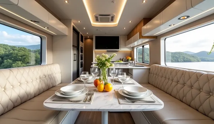 "Generate an image of a luxurious and modern RV interior, featuring a dining area with a marble-patterned table set for a meal with plates, glasses, and fresh fruit. Include beige cushioned seating with quilted patterns, glossy white overhead cabinets, and...