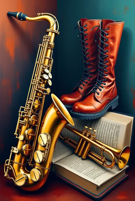 Saxophone painting ,  a trumpet on top of a ska book,  and some skineas boots behind 