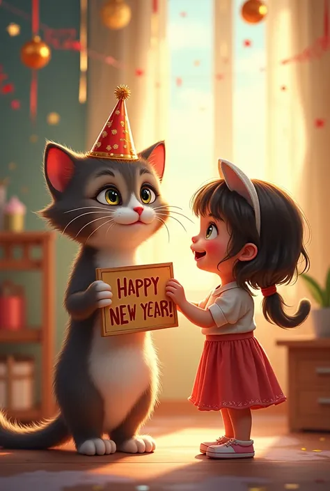 A cat wishing happy new year to a girl