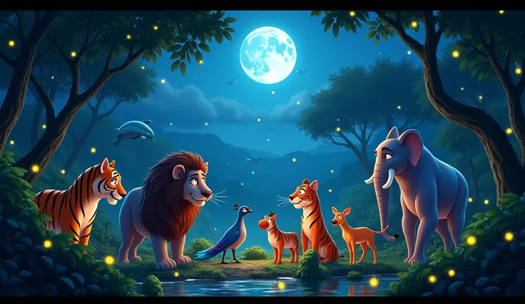 Disney Pixar animation style 4k HD, A vibrant jungle at night with glowing fireflies, a bright full moon, and sparkling stars. Animals like elephant, lion, tiger, monkey, zebra, dolphin, peacock, parrots, deer,frogs and etc. gather excitedly, as if getting...