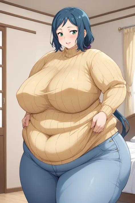  Iori Rinko, Rinko Iori, long hair,紺色の髪, low ponytail, Purple scrunchie,  green eyes,(( yellow sweater)), Navy blue jeans ,Obese middle-aged woman, troubled expression, embarrassing expression ,milf, chubby,(bedroom), score_9,  score_8_ up、 score_7_ up、 sc...