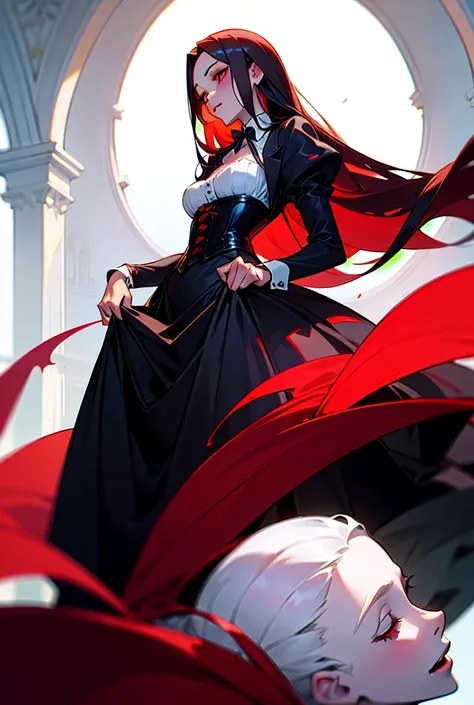 vampire woman,  with corset and red and black dress . Straight hair and white face .  The woman is in an old castle