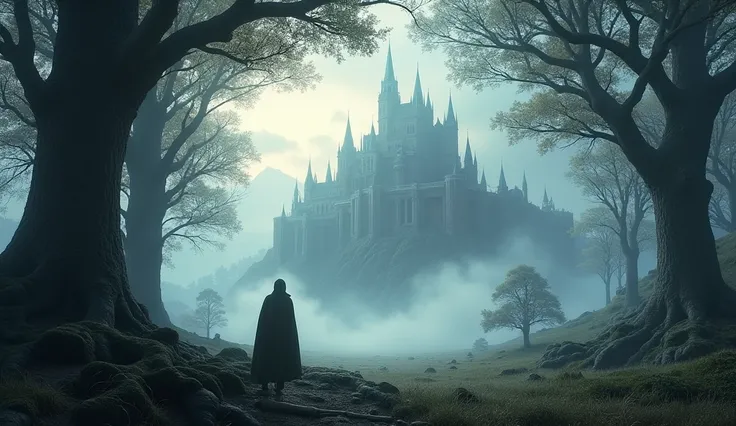  medieval kingdom with trees epic scenery, With white fog , Giant city climate terror