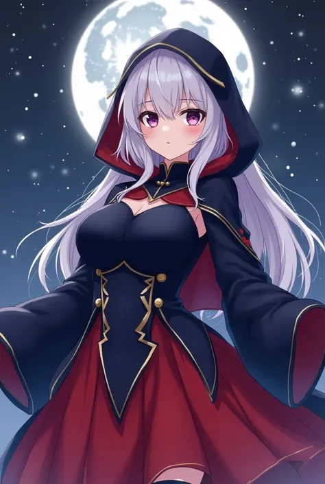 create an image of a black and blue costume with a red hood and skirt, in Japanese anime style, with stars and a moon in the background. A female she has white hair and dark purple eyes big breasts white hair and dark purple eyes