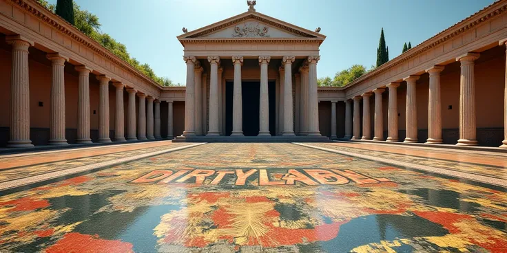 An ancient Roman building in front of the building is a mosaic floor with animals and the word DIRTYLABEL 