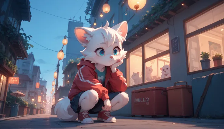 A young girl standing in a dimly lit rooftop corner, staring in awe at a large, furry yeti crouching quietly. The city lights are soft in the background, and the atmosphere is calm yet mysterious, with minimal detail around them. Minimalist, Anime style.