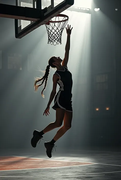 "A stunning depiction of a woman with a long braid mid-air performing an epic poster dunk in a high-energy NBA-style scene. The basketball hoop is prominently visible, emphasizing the intensity and spectacle of the moment. The setting is a large industrial...