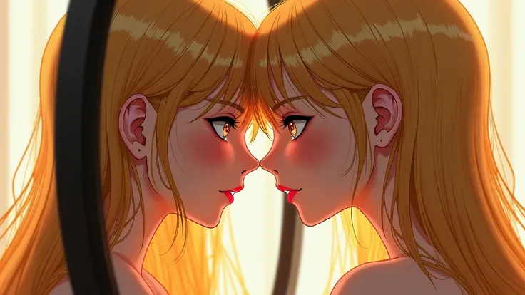 a sexy confused anime woman, with deep detailed face, long golden hair, watching herself in a mirror