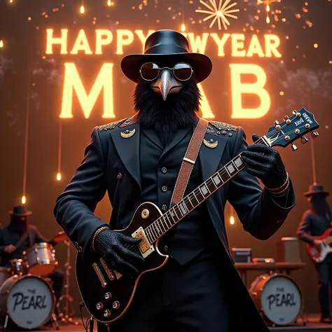 Muscular Anthropomorphic raven donned in intricate black suit with gold trim made of diamonds and a black diamond fedora. Diamonds cover his beak. Wears large sunglasses. Lead singer and electric guitar player of a band at a high end jazz club. Bass drum  ...