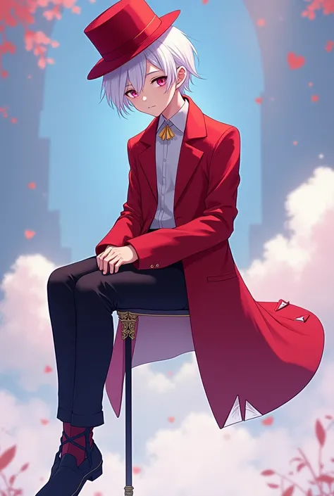 Make it anime style:  a boy with white white hair and bright pink eyes wearing a chic red coat with triangle tips and an elegant red hat. Sitting floating on a cane 