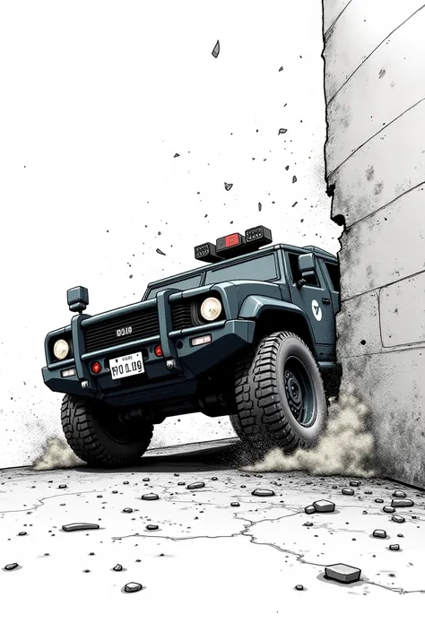 Armored police car crashing into a wall manga style drawing