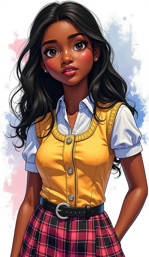 the proportions and detailed textures multicolor brushwork and softened with airbrush, a semi-realistic ink china illustration resembling (in high quality of full body) young african girl of angelic face, her expression is confident and slightly playful, f...