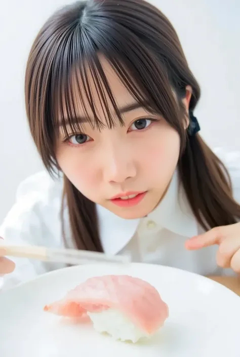 Mid Shot,  a single tuna sushi on a white plate ,  a Japanese woman smiles slightly , Bend down , A Japanese woman looks in the eye ,  holding wooden chopsticks next to the sushi ,  Slightly low angle,  a woman is looking at the sushi from the front from t...