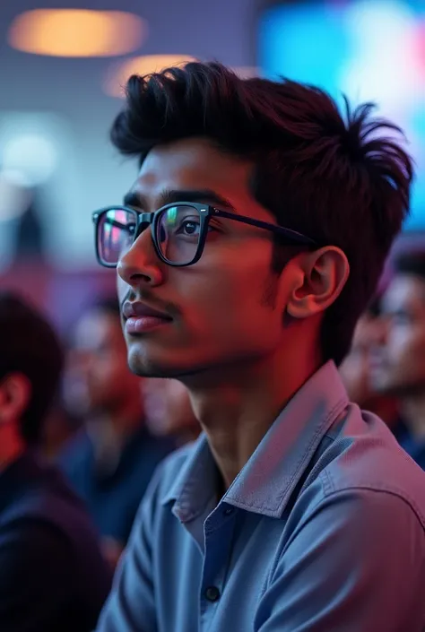 A Indian boy 18 year old with glasses and shirt speaking at freelancer conference