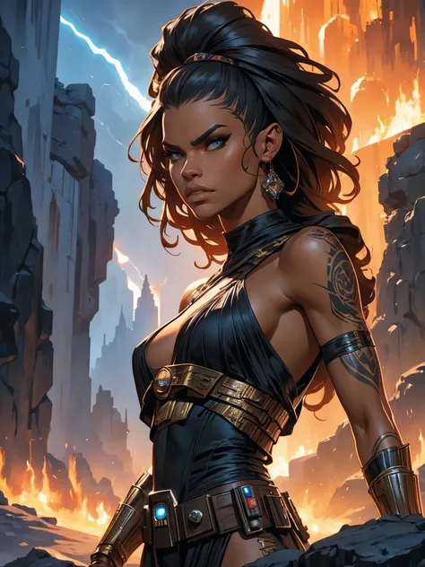 a female sith based on Zendaya, Star Wars, highly detailed cinematic fantasy portrait, black outlining, full color illustration, in the style of BORIS VALLEJO & JULIE BELL, masterpiece, 8k, ultra-detailed, physically-based rendering, vivid colors, dramatic...