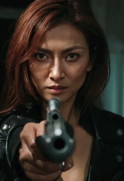 center close up 45 year old russian-indonesian mix Matured woman with oily face skin and red long hair in a dark room pointing her pistol as she wear leather jacket, real model, real people, real scene, real skin texture, HDR, Hyperrealistic,Photorealistic...