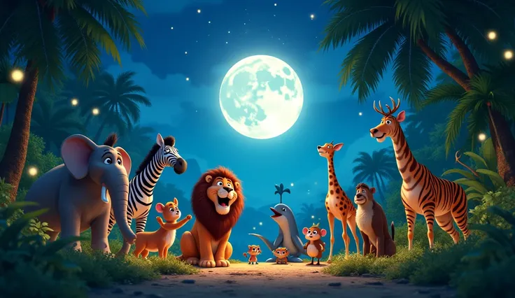 Disney Pixar animation style 4k HD, A vibrant jungle at night with glowing fireflies, a bright full moon, and sparkling stars. Animals like elephant, lion, tiger, monkey, zebra, dolphin, peacock, parrots, deer,frogs and etc. gather excitedly, as if getting...