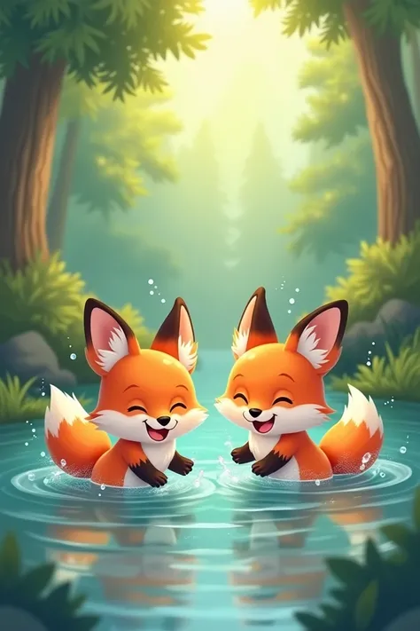 Cute foxes are swimming in the water 