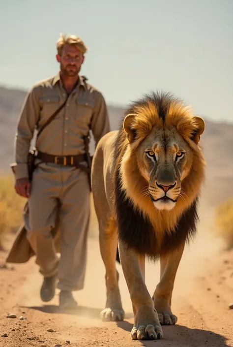  A blond man is walking with A gallant male lion is walking forward with a sharp and confident gaze.  The lion has a natural-looking golden mane and detail , with a clear fur texture . Arid desert background ,  so the lion is the main focus against a dry d...