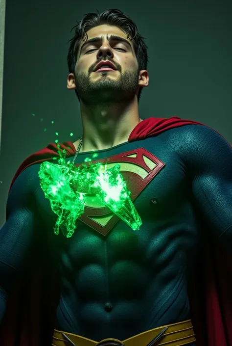 Cody Christian dressed in a blue clasic Superman costume with a red cape and a yellow belt. Superman has a glowing emerald green crystal pendant hanging from his neck and is holding it trying to break it with his hands. The superhero has dark hair and a be...