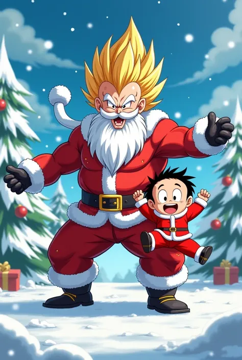 Vegeta in Santa form and Shinnosuke Nohara in Santa dance